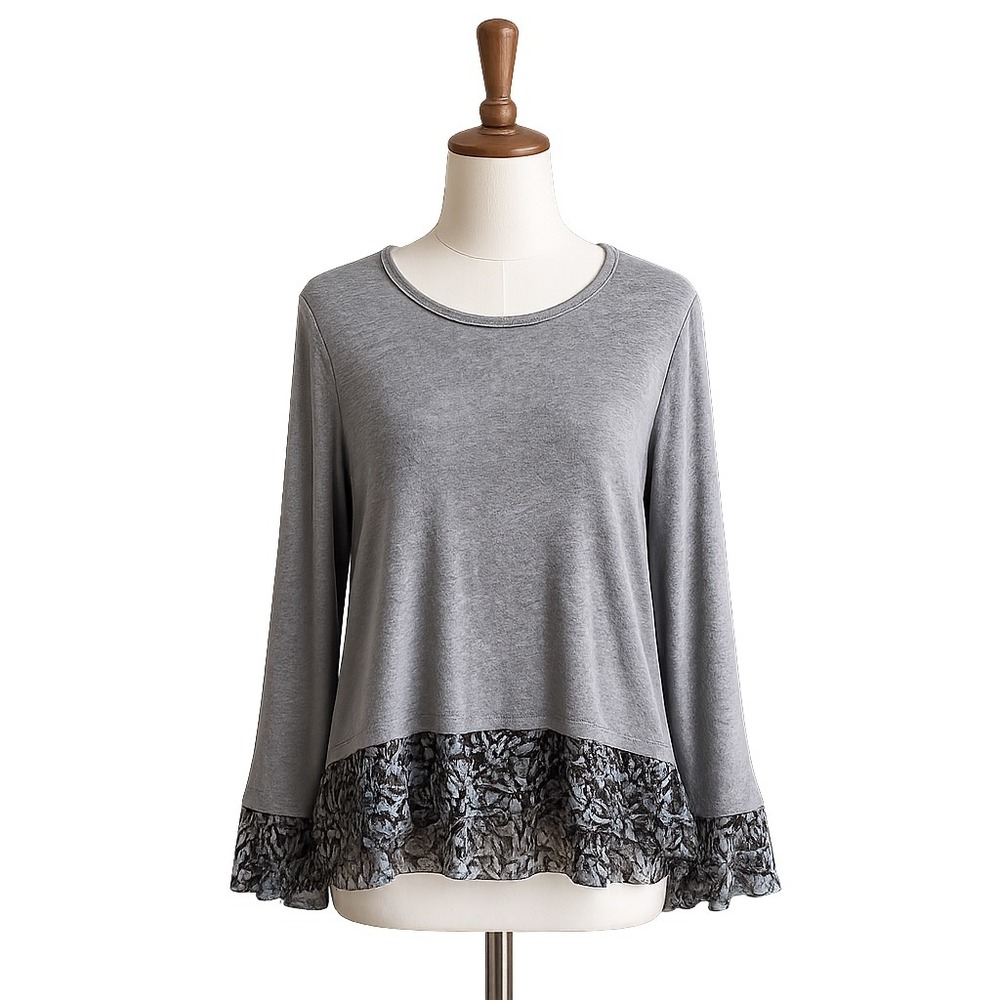 Bailey 44 Layered Top Women Medium Gray Floral Chiffon Trim Long Sleeve Floral‎